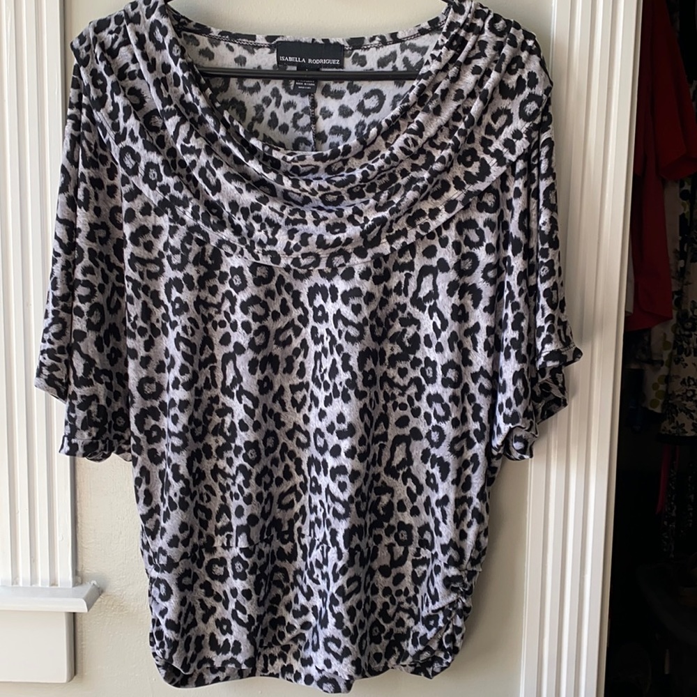 Isabella Rodriguez Animal Print Top. Black,Gray Pullover. With a Cowl Neck.
